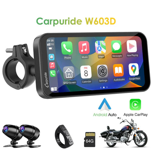 Autoradio moto portable sans fil Carpuride W603D avec double caméra HD