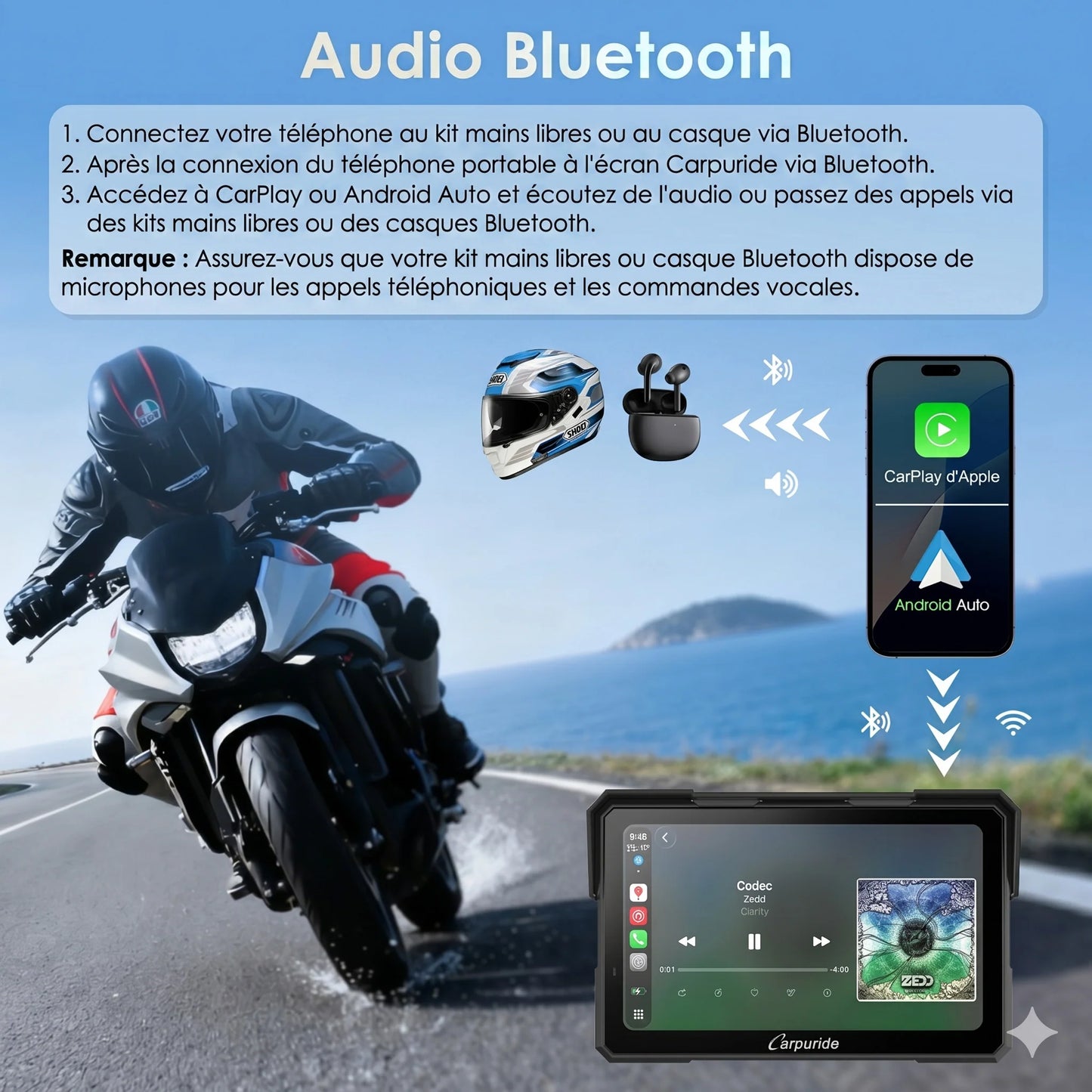 Carpuride W702 Plus Autoradio portable sans fil pour moto