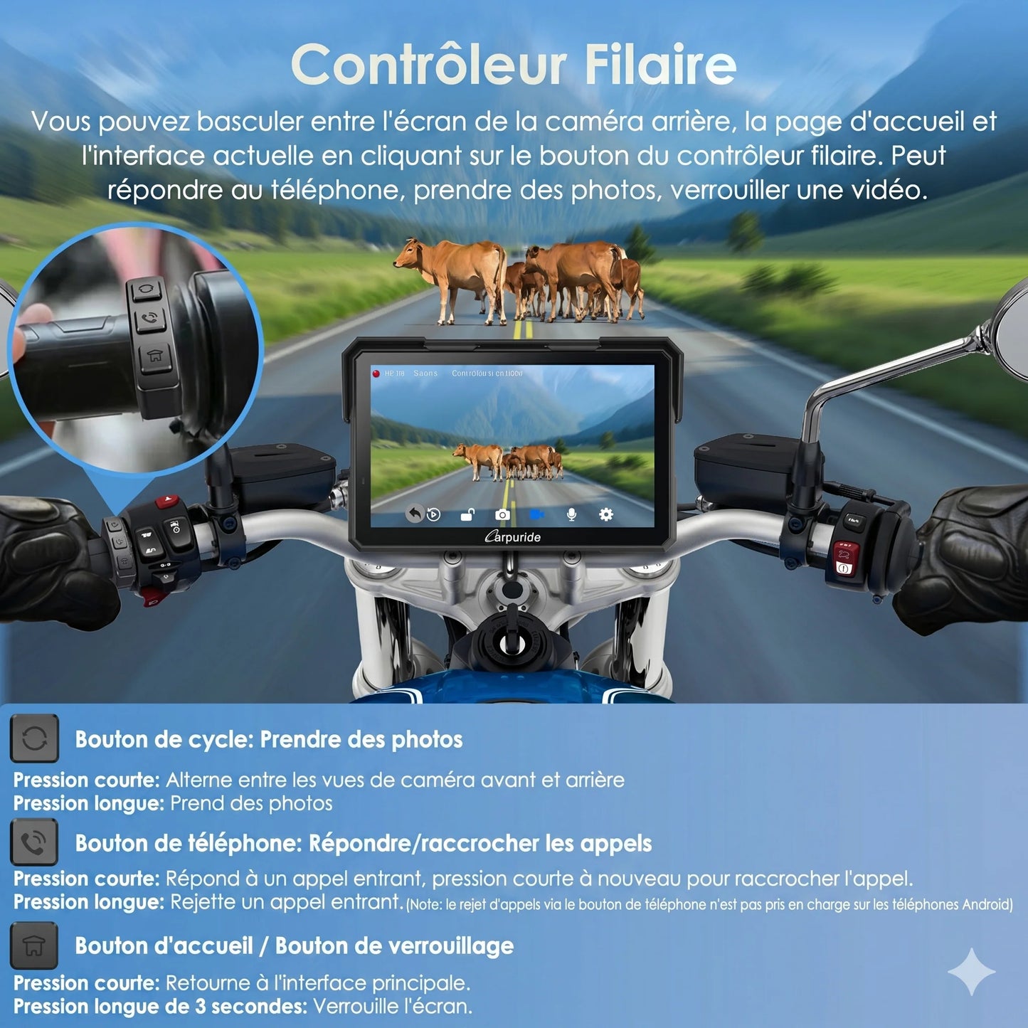 Carpuride W702 Plus Autoradio portable sans fil pour moto