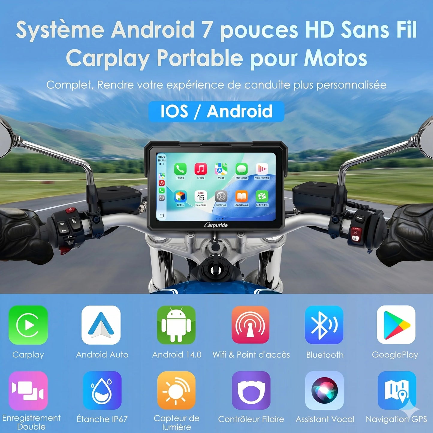 Carpuride W702 Plus Autoradio portable sans fil pour moto